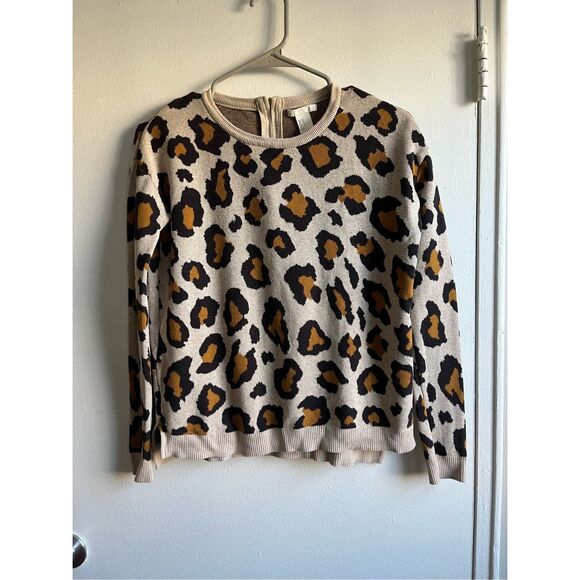 H&M Womens XS Zip Back Leopard Print Crew Neck Pullover Sweater Cheetah - Picture 1 of 4